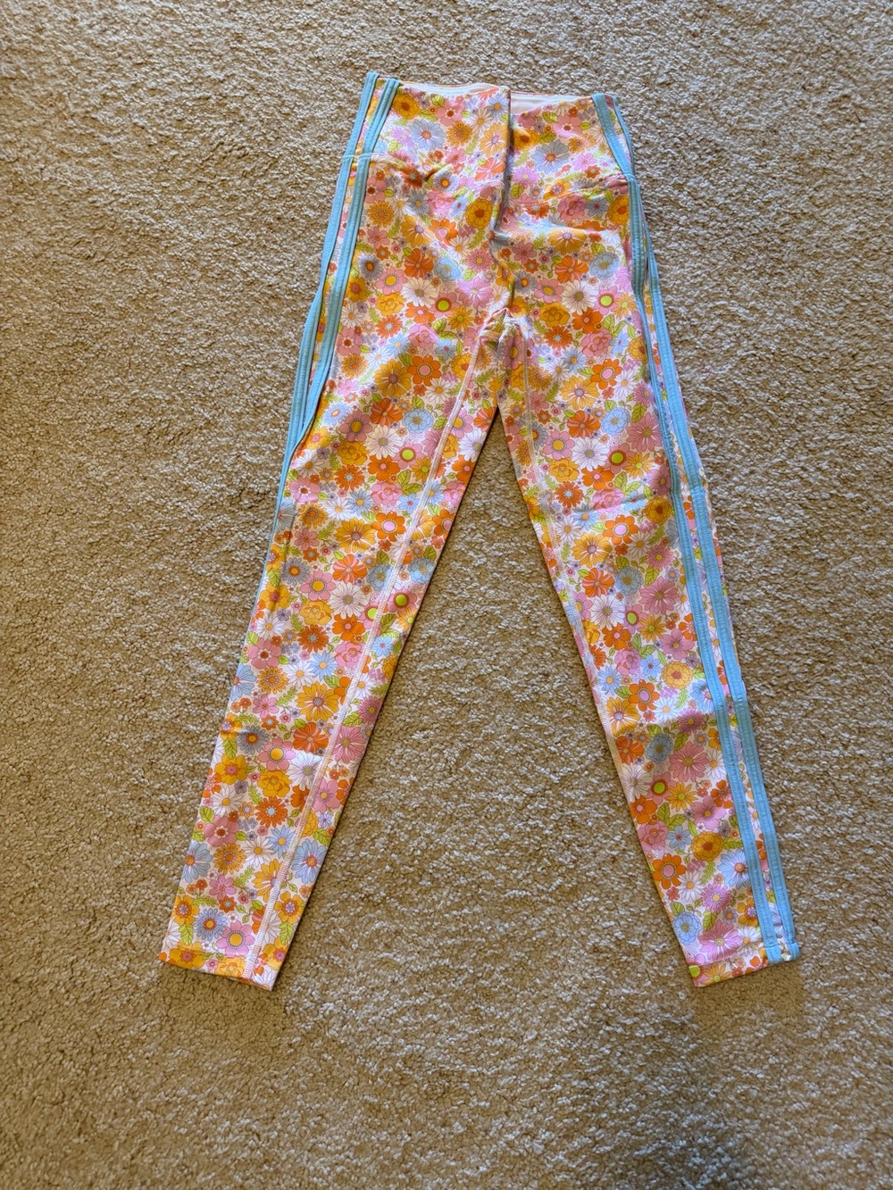 Women Floral Print Pink & Yellow Stretch Leggings with Blue Side Stripe